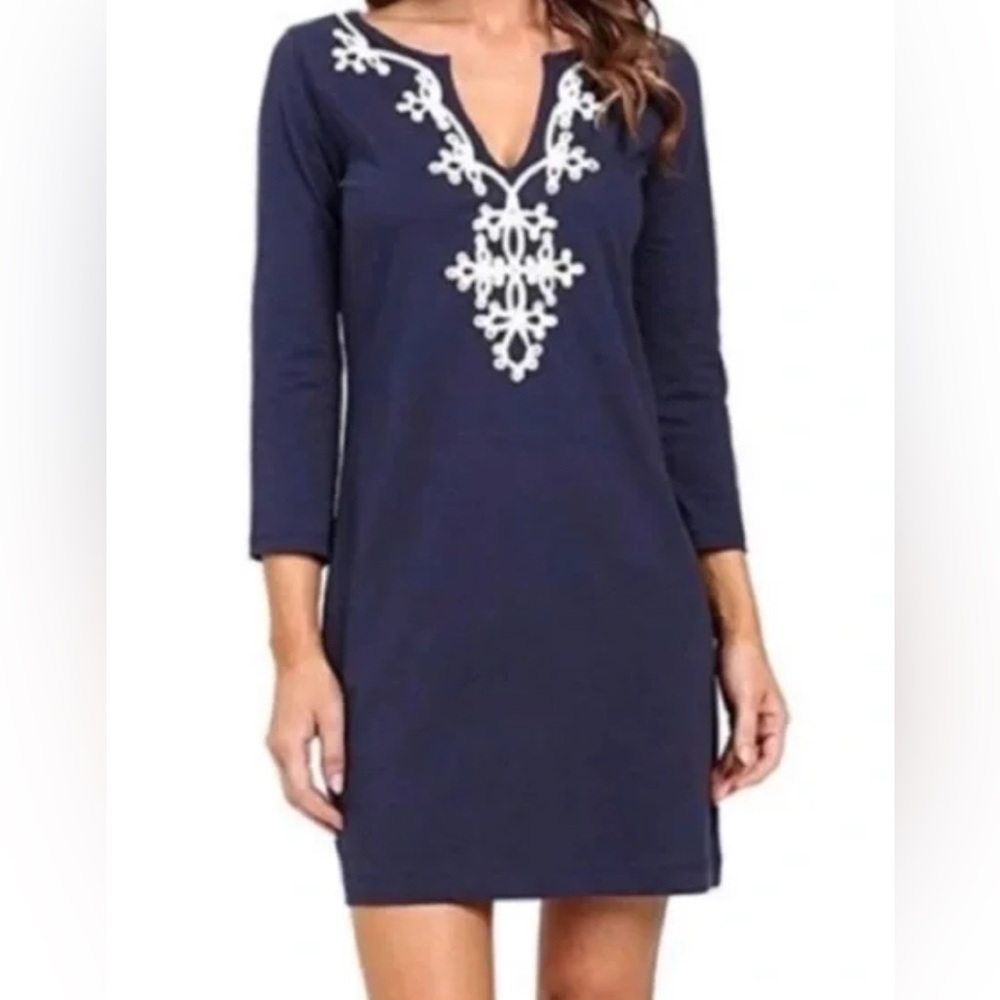 LILLY PULITZER women’s Marina NAVY 100% Pima Cotton Knit DRESS V-Neck Size Small